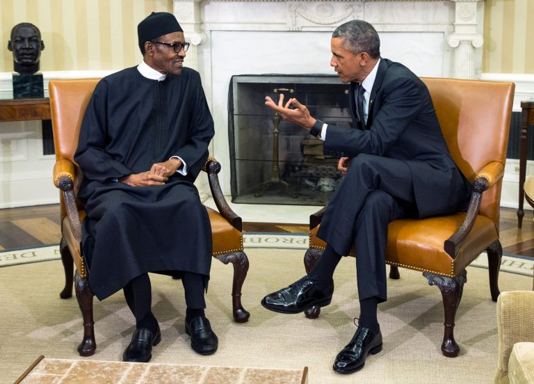 President Obama, right, meets with Nigerian President Muhammadu Buhari, in the Oval Office. Buhari is seeking to shore up relations between the two countries and to request additional assistance in the fight against the Islamic extremist group Boko Haram. (AP Photo/Evan Vucci)