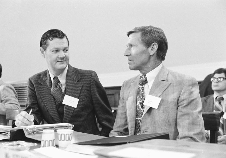 FILE - In this Dec. 3, 1976 file photo, then newly elected members of the House of Representatives, Ike Skelton, D-Mo., left, and Bob Stump, D-Ariz., attended an orientation meeting on Capitol Hill in Washington. Skelton, who built a reputation as a military expert and social conservative during 34 years representing western and central Missouri in the U.S. House, died Monday, Oct. 28, 2013 in Virginia. He was 81. (AP Photo/Harvey Georges, File)
