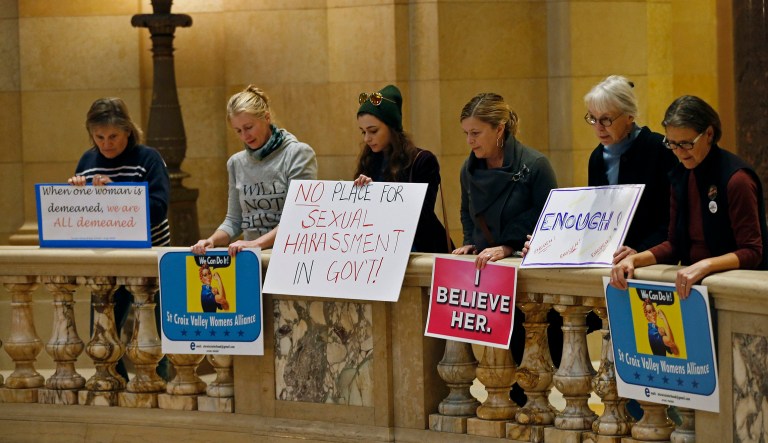 Women rally at the State Capitol in St. Paul, Minn., in response to a tide of sexual harassment allegations, Nov. 17, 2017 (AP Photo/Jim Mone)