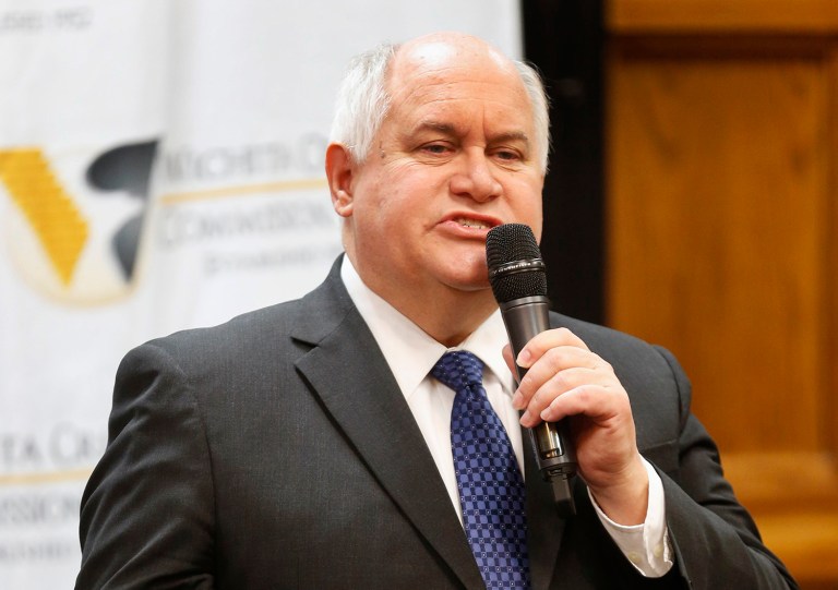 President Trump endorsed the Kansas Republican candidate in the race to replace Mike Pompeo in the House by saying he needs Ron Estes in Congress to help advance his plans. (Bo Rader/Wichita Eagle via AP)