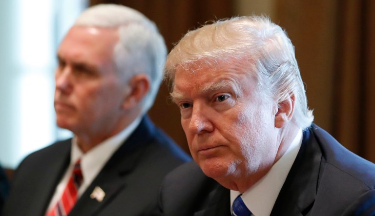 President Trump and Vice President Pence on Thursday will travel on separate planes from Washington, D.C. to Florida, where they will tour the devastation from Hurricane Irma together. (AP Photo/Alex Brandon)