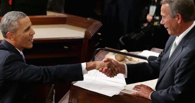 President Barack Obama greets Speaker of the House John Boehner, R-Ohio, before delivering the State of the Union address to a joint session of Congress at the U.S. Capitol on Jan. 28, 2014, in Washington. (Photo by Chip Somodevilla/Getty images)