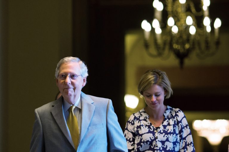 Senate Majority Leader Mitch McConnell walks from his office to the Senate floor on Capitol Hill, May 31, 2015 in Washington. (Photo by Drew Angerer/Getty Images)