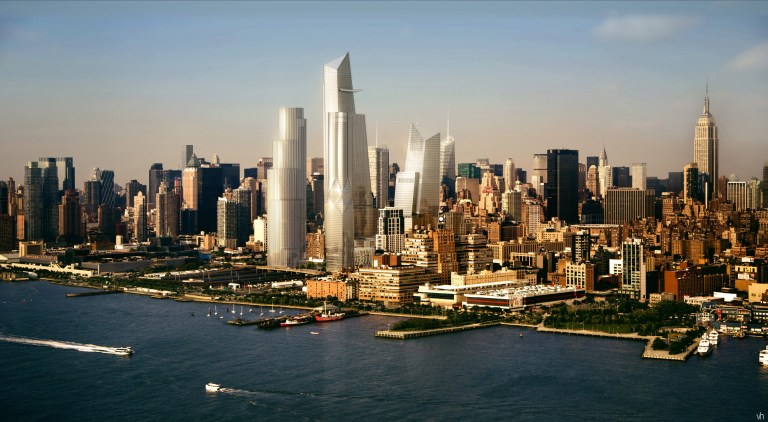   In this artist rendering created by Visualhouse and released by Hudson Yards, the Hudson Yards redevelopment as it will be seen while looking northeast while on the Hudson River is shown. With the ceremonial groundbreaking on Tuesday, Dec. 4, 2012, the transformation of the largest undeveloped property in Manhattan from a railroad storage yard into a sleek new neighborhood of spiky high-rises and graceful parks has begun. The first office tower is expected to be completed in 2015. (AP Photo/Visualhouse via Hudson Yards)  