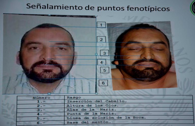 A slide that shows images of suspected drug lord Enrique Plancarte, when he was alive and when he was dead, points out similarities in facial features, during a press conference in Mexico City, Tuesday, April 1, 2014. Mexican officials said Tuesday that Plancarte, one of the two remaining top leaders of the Knights Templar drug cartel, was killed after he refused to surrender and opened fire on marines. A top federal police official, said Plancarte died Monday after marines spotted him walking down a street in the central state of Queretaro. (AP Photo/Eduardo Verdugo)