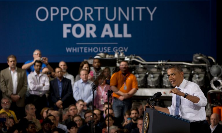 President Obama speaks at General Electric's Waukesha Gas Engines facility on Jan. 30 in Waukesha, Wis. (AP Photo)