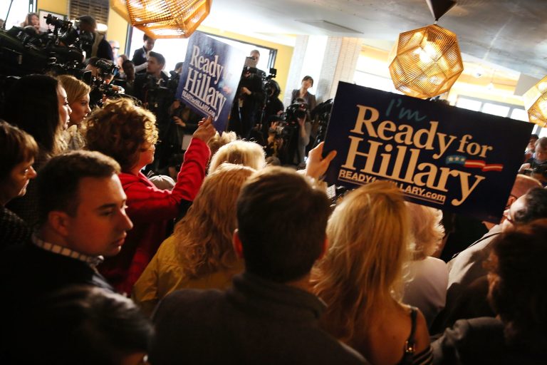 Supporters of Hillary Rodham Clinton's yet to be announced presidential campaign participate in a rally in Manhattan on April 11, 2015 in New York City. (Photo by Spencer Platt/Getty Images)