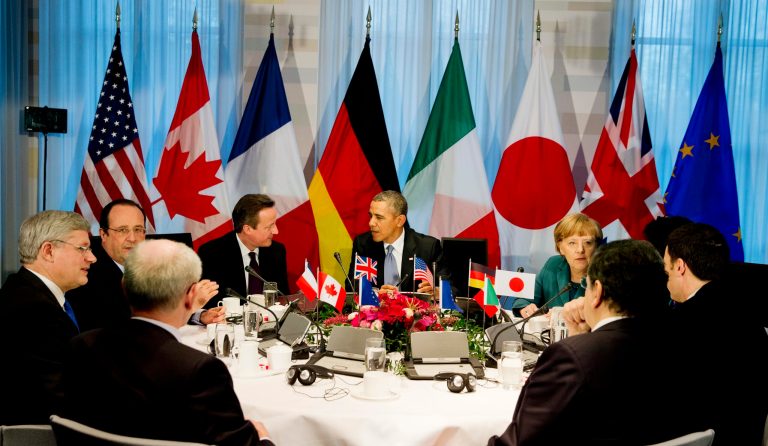 President Obama, center rear,  gathered with G7 world leaders in The Hague, Netherlands, on Monday in the sidelines of the nuclear security summit. A senior diplomat says the Group of Seven major economies has decided to scrap a planned G-8 summit in Russia and meet instead in Brussels to protest Moscow's annexation of Crimea. (AP Photo/Jerry Lampen, POOL)