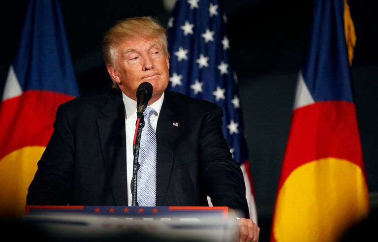 Republican presidential candidate Donald Trump speaks during a campaign rally at the Wings Over the Rockies Air & Space Museum, in Denver, Friday, July 29, 2016. (AP Photo/Brennan Linsley)