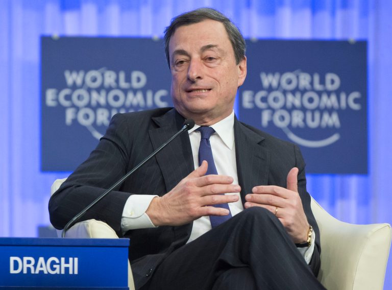 Mario Draghi, President of the European Central Bank, speaks during a session  of  the World Economic Forum in Davos, Switzerland, Friday, Jan. 24, 2014.  (AP Photo/Michel Euler)