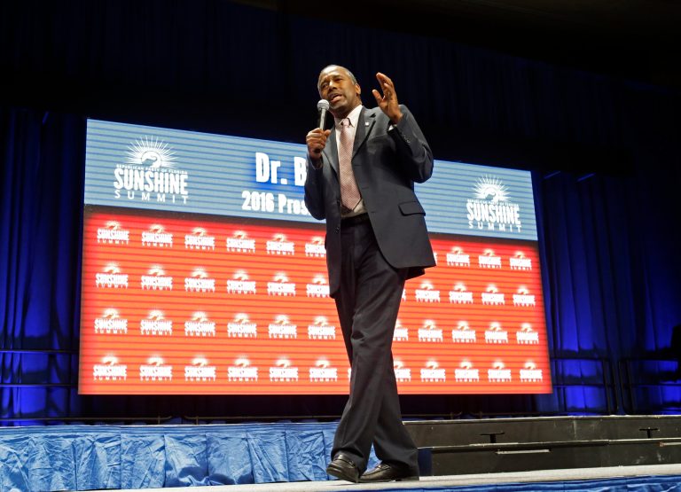 Republican presidential candidate Ben Carson, addresses the Sunshine Summit in Orlando, Fla., Friday, Nov. 13, 2015. (AP Photo/John Raoux)
