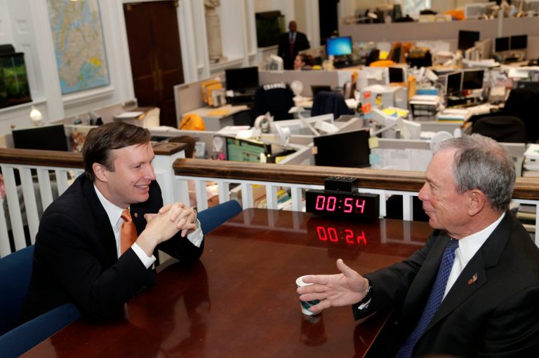 New York City Mayor Michael Bloomberg. right, meets with Sen. Chris Murphy, D-Conn., at City Hall in New York, Monday, April 15, 2013. In a bipartisan 68-31 vote Thursday, senators rejected an effort by conservatives to block debate on Democrats' gun control legislation, a measure backed by President Barack Obama. The National Rifle Association, a foe of the Democratic bill, was sponsoring a NASCAR race in Fort Worth, Texas, and using tweets to urge its supporters to watch it on television. Murphy has asked the Fox network not to broadcast the event, but it was still scheduled to be televised. (AP Photo/Seth Wenig)