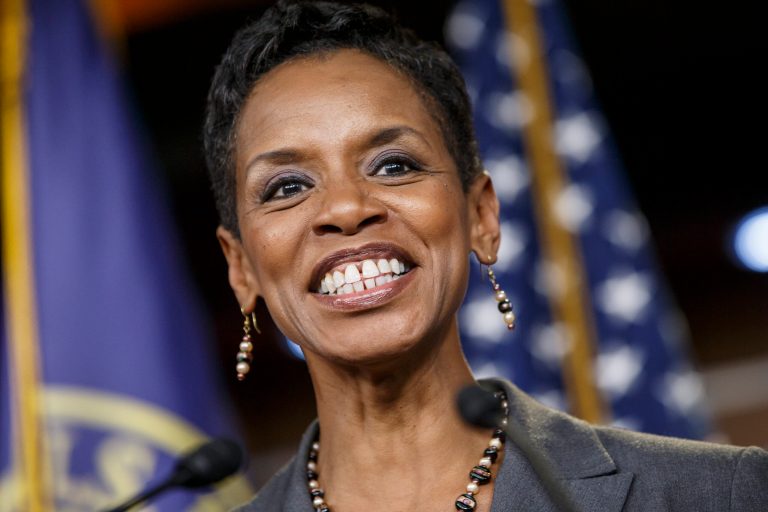 Rep. Donna Edwards, D-Md., smiles after House Minority Leader Nancy Pelosi, D-Calif., announced that Edwards will become co-chair of the House Democrats' Steering and Policy Committee with Rep. Rosa DeLauro, D-Conn., during a news conference at the Capitol in Washington, Monday, Nov. 17, 2014. (AP Photo/J. Scott Applewhite)