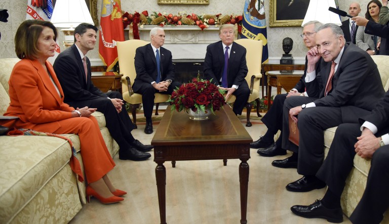President Trump met with House Minority Leader Nancy Pelosi, House Speaker Paul Ryan, Vice President Mike Pence, Senate Majority Leader Mitch McConnell, and Senate Minority Leader Chuck Schumer earlier this month to discuss the spending bill. Trump will meet the bipartisan leaders next week as DACA talks begin. (Olivier Douliery/Pool via Bloomberg)
