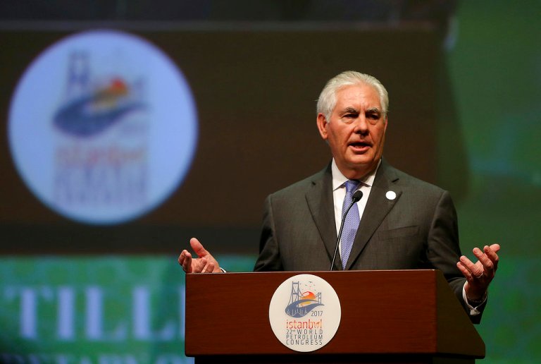 U.S. Secretary of State Rex Tillerson gestures as he delivers a speech at the World Petroleum Congress, hosted by Istanbul, Turkey, Sunday, July 9, 2017. Council President Jozsef Toth, who described Tillerson, who is from Texas, as 