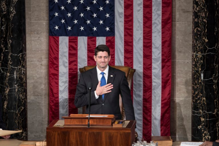 House Speaker Paul Ryan of Wis. places his hand over his heart as he thanks the members of the House of Representatives following his re-election to his leadership position, during a ceremony in the House Chamber on Capitol Hill in Washington, Tuesday, Jan. 3, 2017. (AP Photo/J. Scott Applewhite)