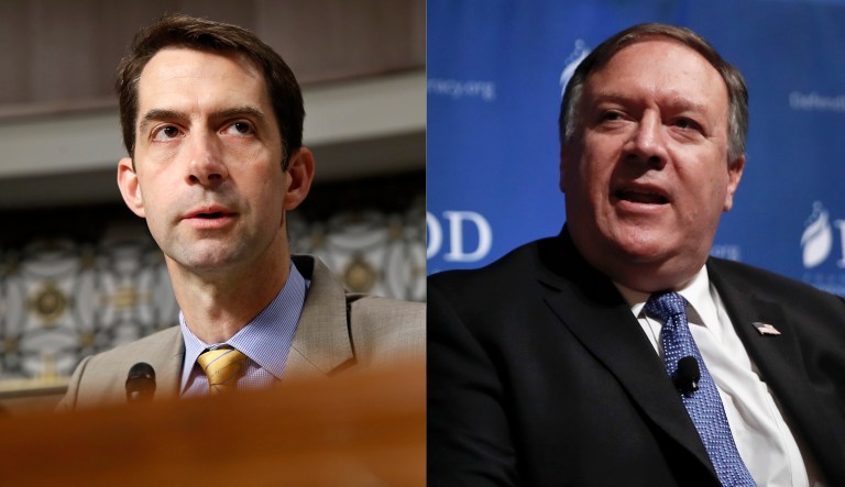 It appears as if Sen. Tom Cotton, R-Ark., (left) may replace current CIA Director Mike Pompeo (right) so Pompeo can head the State Department if the current Secretary of State, Rex Tillerson, steps down. But if that's the case, President Trump wouldn't exactly be 
