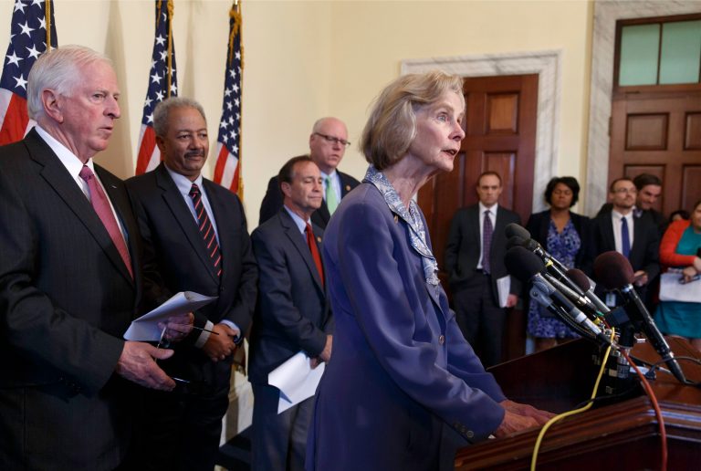 Rep. Lois Capps, D-Calif., right, who represents Santa Barbara, Calif., where a mentally unstable man fatally shot and stabbed six people last week, joins members of the Congressional Gun Violence Prevention Task Force to announce a bill they say is designed to allow police to remove guns from the hands of the mentally ill and reduce gun violence. From left are Rep. Mike Thompson, D-Calif.; Rep. Chaka Fattah, D-Pa.; Rep. Ed Perlmutter, D-Colo.; Rep. Joseph Crowley, D-N.Y.; and Rep. Lois Capps, D-Calif. (AP Photo/J. Scott Applewhite)