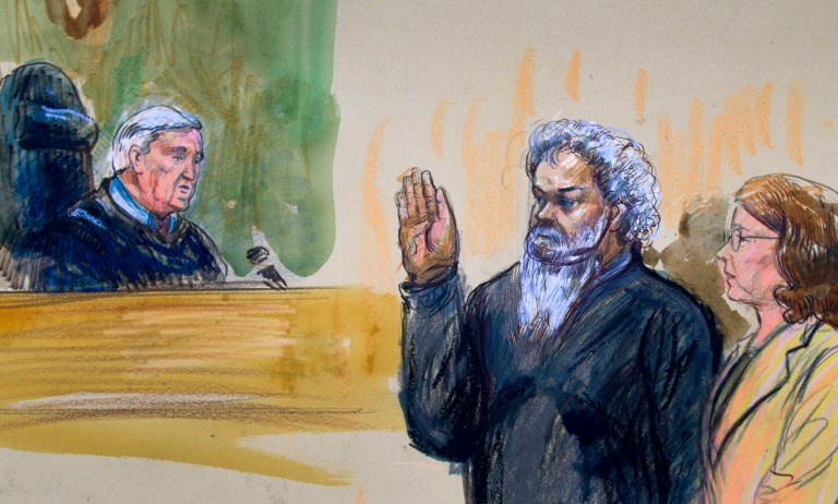 The Justice Department will not seek the death penalty against suspected Libyan militant Ahmed Abu Khattala, shown above in an artist's rendering. (AP Photo/Dana Verkouteren)
