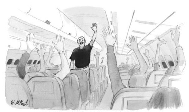 The cartoon shows a man standing in the aisle of a passenger airliner, one hand raised angrily. (Screengrab/The New Yorker)