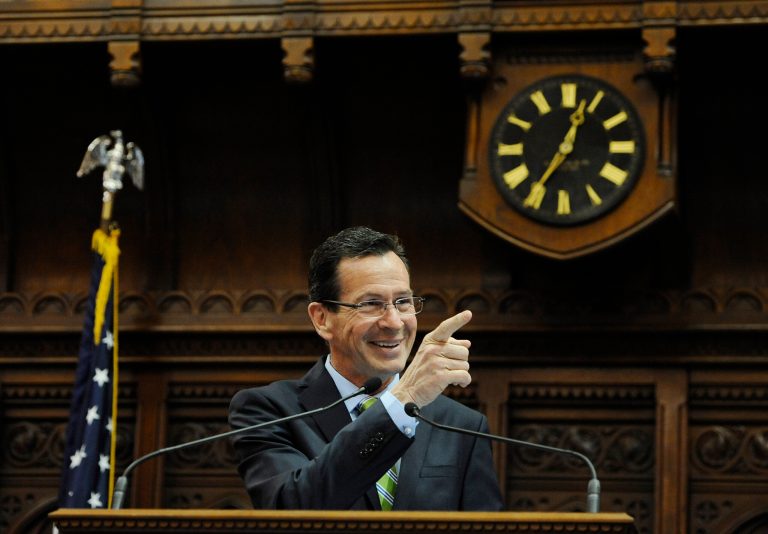 Connecticut Gov. Dannel P. Malloy addresses the House and the Senate at the end of session at the Capitol on the final day of session, Thursday, May 8, 2014, in Hartford, Conn. (AP Photo/Jessica Hill)