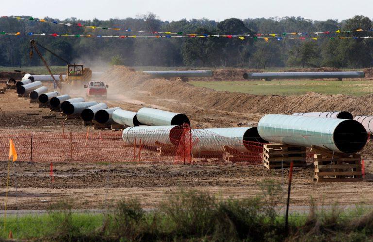 Large sections of pipe are shown on a neighboring property to Julia Trigg Crawford family farm, in Sumner Texas. (AP/Tony Gutierrez)