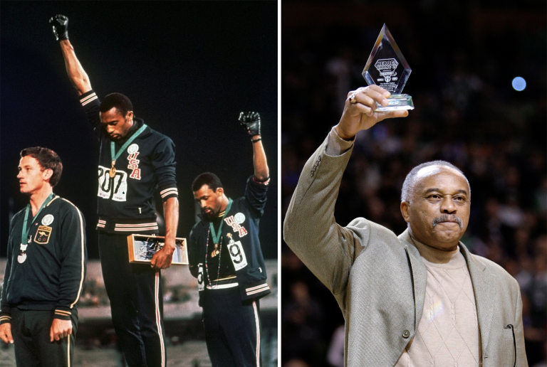 Tommie Smith, then and now: In the picture at left, Smith, center, and John Carlos give the 