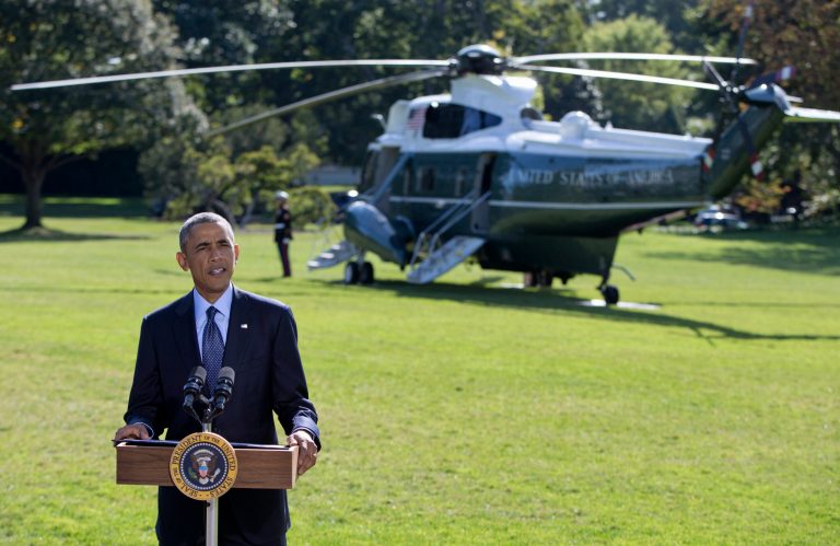 President Barack Obama speaks about the participation of five Arab nations in airstrikes against militants in Syria., Tuesday, Sept. 23, 2014, on the South Lawn the White House, in Washington. The president said the participation of five Arab nations in airstrikes against militants in Syria 
