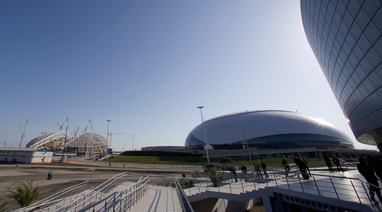 Olympic Fisht stadium, left, and Bolshoi Ice Dome, right, were built to be used in the 2014 Winter Olympics in Sochi, Russia. (AP/Ivan Sekretarev)