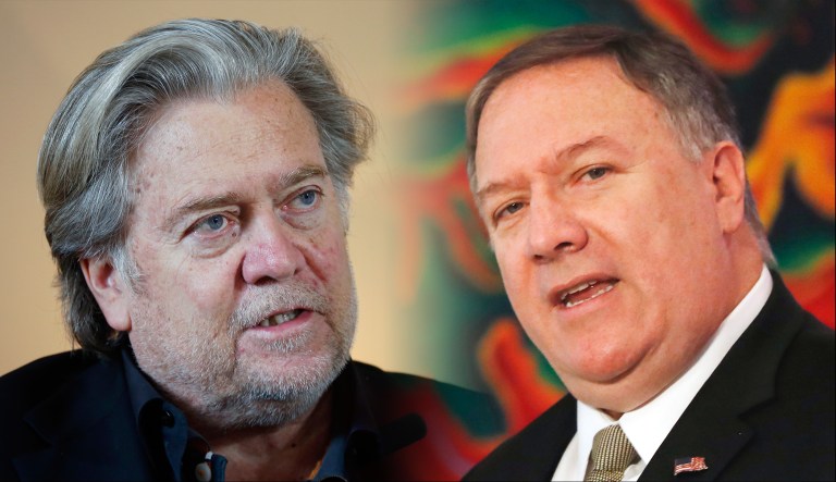 Mike Pompeo (right) and Steve Bannon (left) are seen.