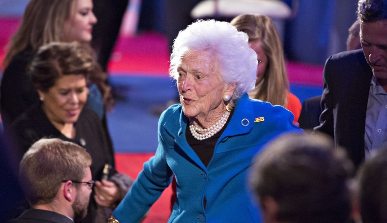 Barbara Bush, former first lady and mother of Jeb Bush, former Governor of Florida and 2016 Republican presidential candidate, center, leaves after her son participated in a town hall event hosted by CNN at the University of South Carolina in Columbia, South Carolina, U.S., on Wednesday, Feb. 17, 2016. Donald Trump remains the front-runner in South Carolina, where Republican voters head to the polls on Saturday. According to a survey released Monday by Democratic pollster Public Policy Polling, Trump holds a 17-point lead over Senators Marco Rubio and Ted Cruz, who are tied for second place.