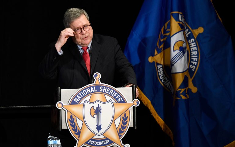 Attorney General William Barr speaks at the National Sheriffsâ Association Winter Legislative and Technology Conference in Washington, Monday, Feb. 10, 2020.
