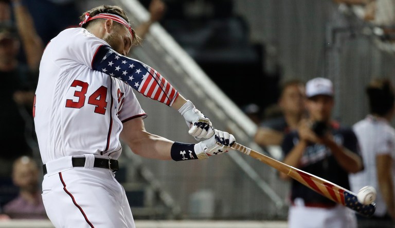 Washington Nationals Bryce Harper hits during the MLB Home Run Derby, at Nationals Park, Monday, July 16, 2018 in Washington. The 89th MLB baseball All-Star Game will be played Tuesday.