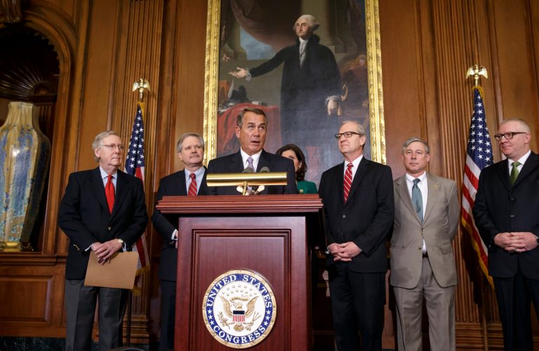 House Speaker John Boehner speaks on Capitol Hill in Washington, before signing the bill authorizing expansion of the Keystone XL pipeline. President Obama has promised to veto the long-stalled legislation. From left are, Senate Majority Leader Mitch McConnell of Ky., Sen. John Hoeven, R-N.D., Senate sponsor of the Keystone XL pipeline bill, Boehner, Rep. Kristi Noem, R-S.D., Rep. Kevin Cramer, R-N.D., House Energy and Commerce Committee Chairman Rep. Fred Upton, R-Mich., and Sean McGarvey, president of the North America's Building Trades Unions. (AP Photo/J. Scott Applewhite)