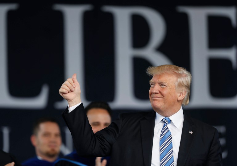 Handler used the quote to draw attention to a judge approving a $25 million settlement in late March over Trump University lawsuits. (AP Photo/Pablo Martinez Monsivais)