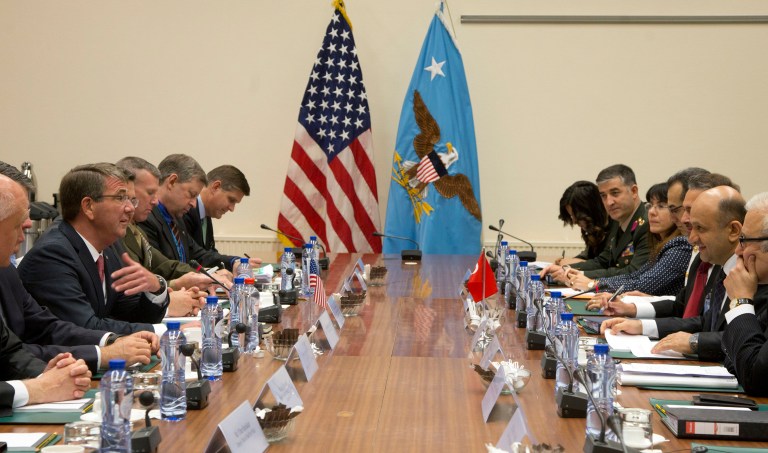 Defense Secretary Ash Carter, second left, will meet with his Turkish counterpart, Defense Minister Fikri Isik, second right, this week. (AP Photo/Virginia Mayo, Pool)