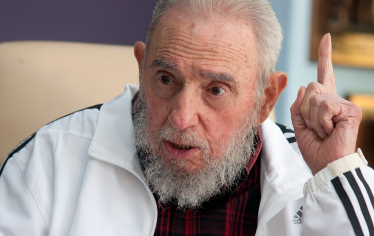 FILE - In this July 11, 2014 file photo, Cuba's Fidel Castro speaks with Russia's President Vladimir Putin in Havana, Cuba. In a statement published Friday, July 18, 2014 by state media, Castro is blaming the Ukrainian government in Kiev for the downing of a Malaysian Airlines passenger plane. Castro's comments came one week after he welcomed Vladimir Putin during the Russian leader's tour of Latin America. (AP Photo/Alex Castro, File)