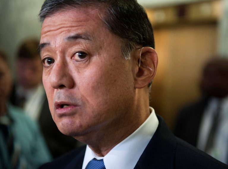Veterans Affairs Secretary Eric Shinseki speaks with the news media on Capitol Hill in Washington, Thursday, May 15, 2014,  after testifying before the Senate Veterans Affairs Committee hearing to examine the state of Veterans Affairs health care. Facing calls to resign, Shinseki said Thursday that he hopes to have a preliminary report within three weeks on how widespread treatment delays and falsified patient scheduling reports are at VA facilities nationwide, following allegations that up to 40 veterans may have died while awaiting treatment at the Phoenix VA center.  (AP Photo/Cliff Owen)