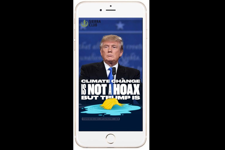 The Sierra Club will post a filter on Snapchat, which is an image that can be superimposed on photos taken through the app, calling Republican nominee Donald Trump a climate change doubter Wednesday.
