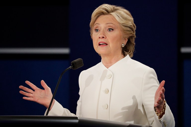 Democratic presidential nominee Hillary Clinton answers a question during the third presidential debate at UNLV in Las Vegas, Wednesday, Oct. 19, 2016. (AP Photo/John Locher)