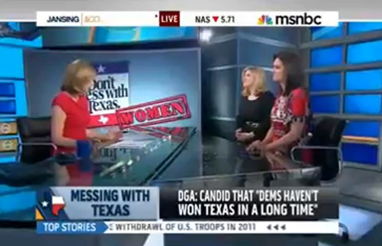 Host Chris Jansing invited her guest, Marie Claire features editor Lea Goldman, to discuss Wendy Davis' campaign in a glowing light. (Screenshot)