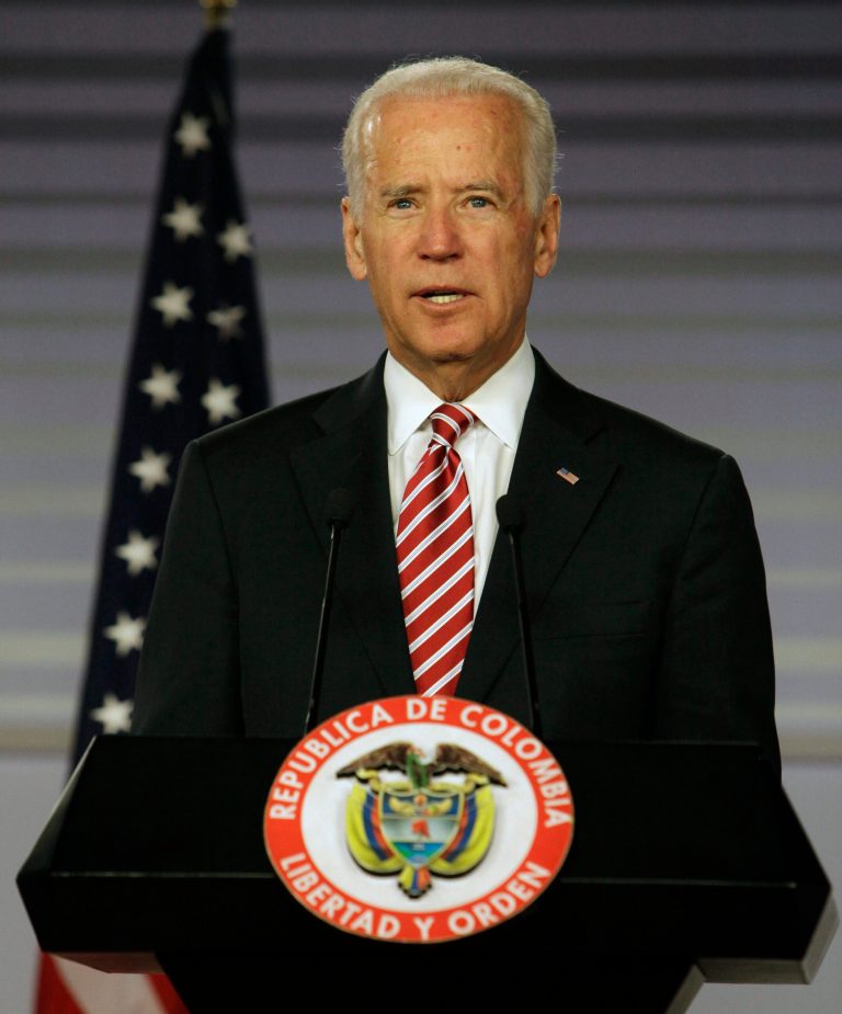 U.S. Vice President Joe Biden speaks during a joint press conference with Colombia's President Juan Manuel Santos in Bogota, Colombia, Wednesday, June 18, 2014. Biden met with Santos just three days after Colombia's president won re-election in what was widely seen as an endorsement of talks to end the Western Hemisphere's last sizable armed conflict.(AP Photo/Javier Galeano)