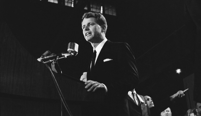 Robert F. Kennedy, U.S. Attorney General, stresses a point as he makes acceptance speech in New York's 71st Regiment Armory on Sept. 1, 1964. 