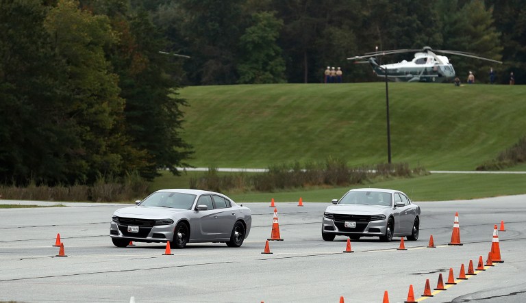 President Trump was touring the facility and learning about antique limousines kept by the Secret Service. (AP Photo/Carolyn Kaster)