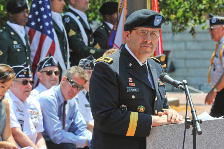 In this May 10, 2011, photo provided by the U.S. Army, then-Brig. Gen. Harold Greene speaks at Natick, Mass., on his last day of command of the Natick Soldier Systems Center. Maj. Gen. Greene, the two-star Army general who on Tuesday, Aug. 5, 2014,  became the highest-ranking U.S. military officer to be killed in either of America's post-9/11 wars, was an engineer who rose through the ranks as an expert in developing and fielding the Army's war materiel. He was on his first deployment to a war zone.(AP Photo/U.S. Army)