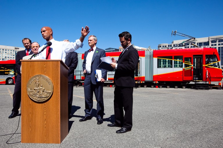 D.C.'s then-Mayor Adrian Fenty and other city officials debut the District's streetcar and their plans to implement it at a ceremony on Wednesday May 5, 2010. (Examiner File)