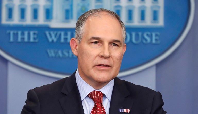 The Natural Resources Defense Council is looking at options to sue EPA Administrator Scott Pruitt (pictured above) over his enforcement policy after last week's reporting by the New York Times that showed the Trump administration is penalizing polluters at a much lower level than previous Republican and Democratic administrations. (AP Photo/Pablo Martinez Monsivais, File)