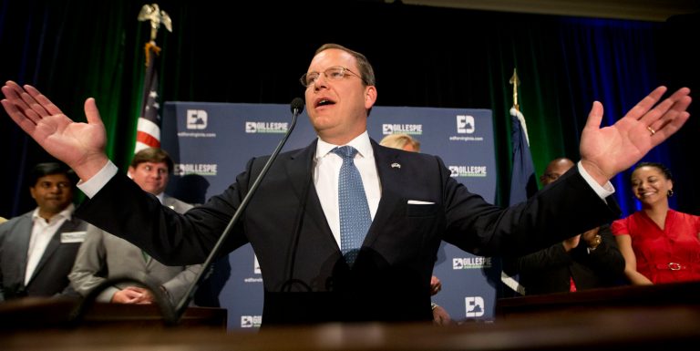 Republican candidate for Attorney General of Virginia, John Adams, speaks to the crowd at the victory party for Ed Gillespie Tuesday, June 13, 2017, in Richmond, Va. (AP Photo/Steve Helber)