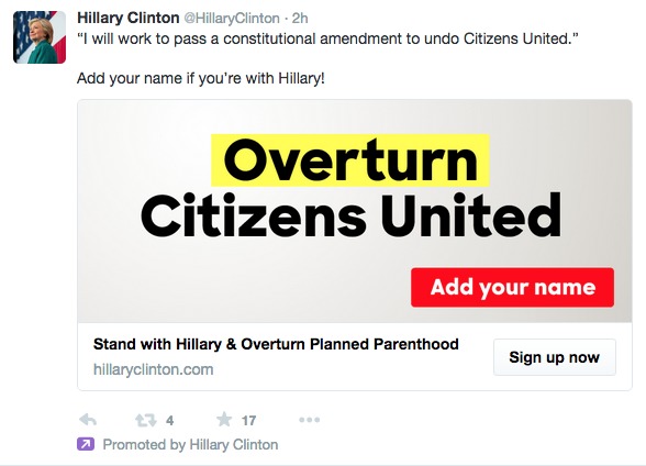 Hillary Clinton Tweets: ‘Stand With Hillary & Overturn Planned Parenthood’