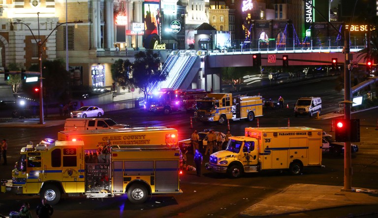Las Vegas police and emergency vehicles at the scene of the deadly shooting on the Las Vegas Strip. Media called for tougher gun control laws in the wake of the mass shooting in Las Vegas. (Chase Stevens/Las Vegas Review-Journal via AP)